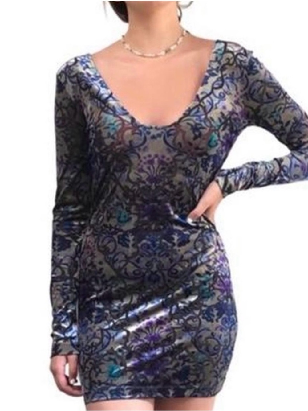 Free People FP Scoop Neck Long Sleeve Velvet Burnout Mini Dress Purple Small